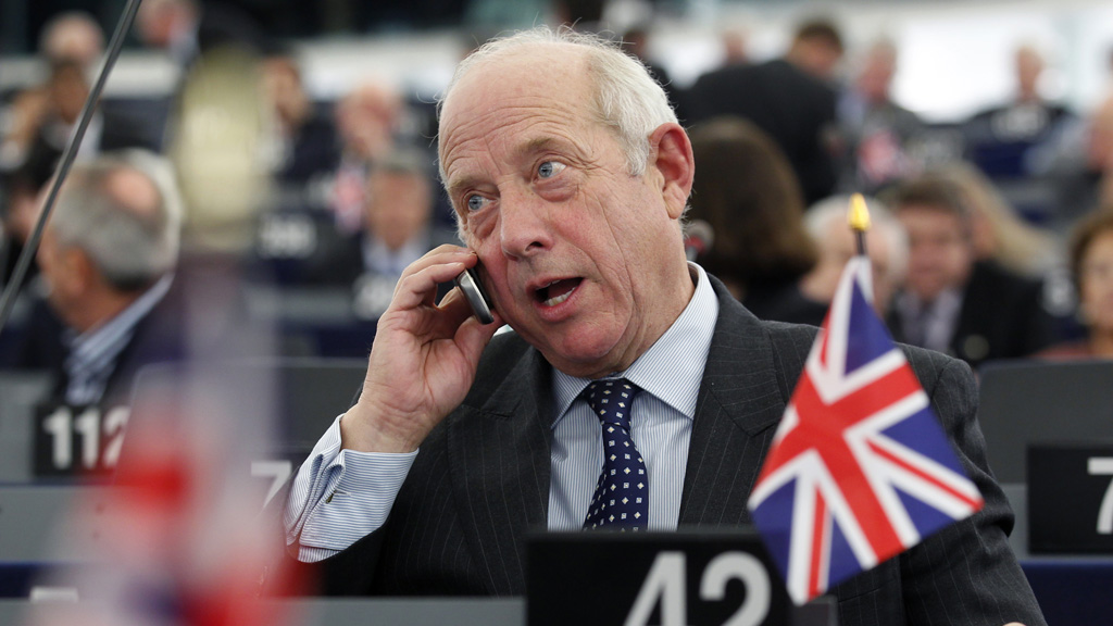 Britain's member of the European Parliament Godfrey Bloom gives a phone call ahead of a voting session in Strasbourg November 24, 2010. Bloom was ordered to leave the chamber after he said earlier this morning "Ein volk, ein reich, ein fuehrer" (one people, one empire, one leader) as German MEP Martin Schulz was making a speech. REUTERS/Vincent Kessler (FRANCE - Tags: POLITICS) - RTXV05E